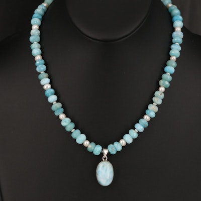 Pearl and Larimar Pendant Necklace with Sterling Beads and Clasp