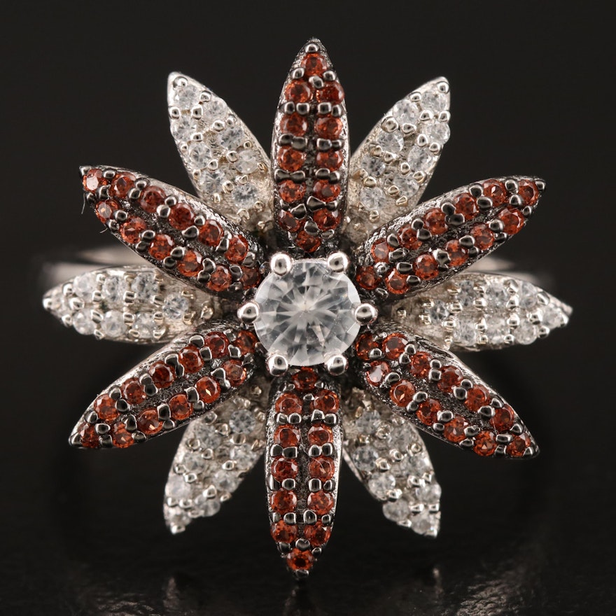 Sterling Garnet and Zircon Floral Ring