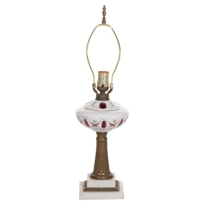 Bohemian Cranberry Cut to Clear Brass and Marble Table Lamp
