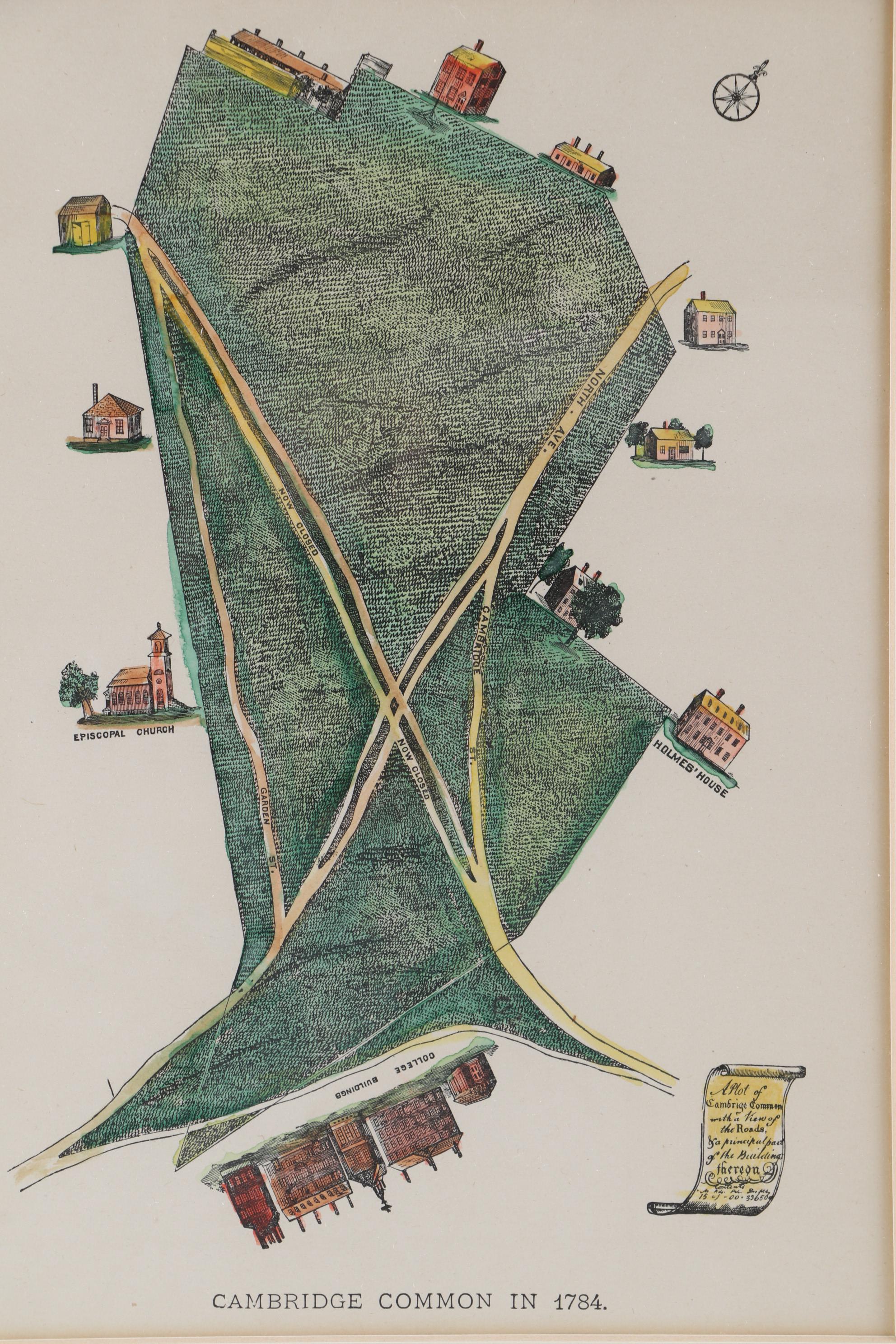 HandColored Wax Engraving Map "Cambridge Common in 1784," Circa 1900 EBTH