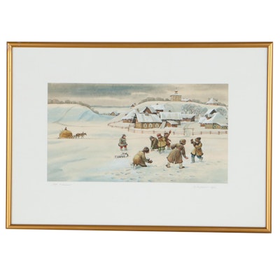 Watercolor Painting of Children in the Snow, 1997
