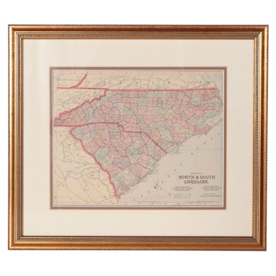 Mast, Crowell & Kirkpatrick Wax Engraving Map of the Carolinas Circa 1889