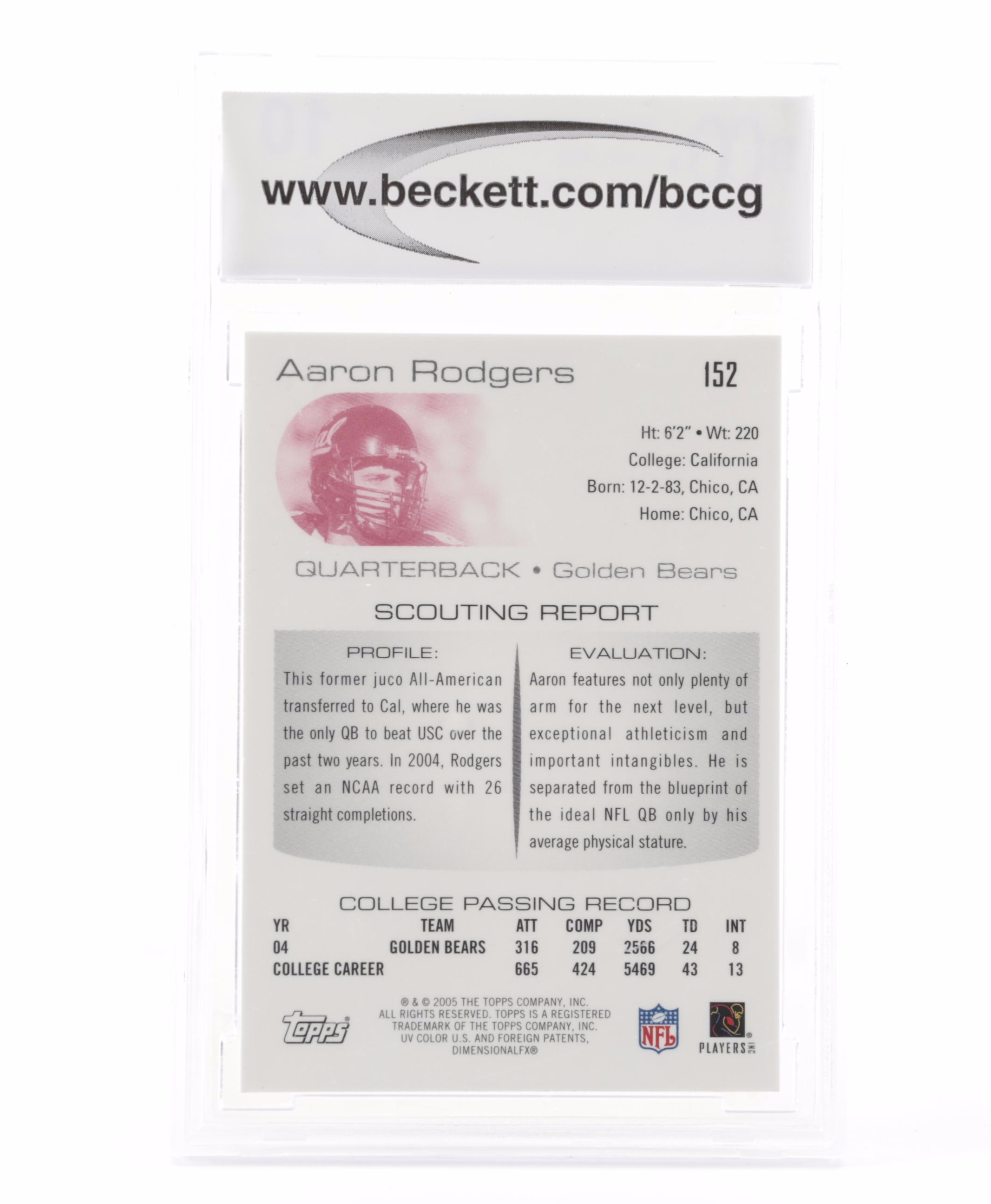 2005 Aaron Rodgers Topps 152 DPP Chrome BCCG Graded MINT