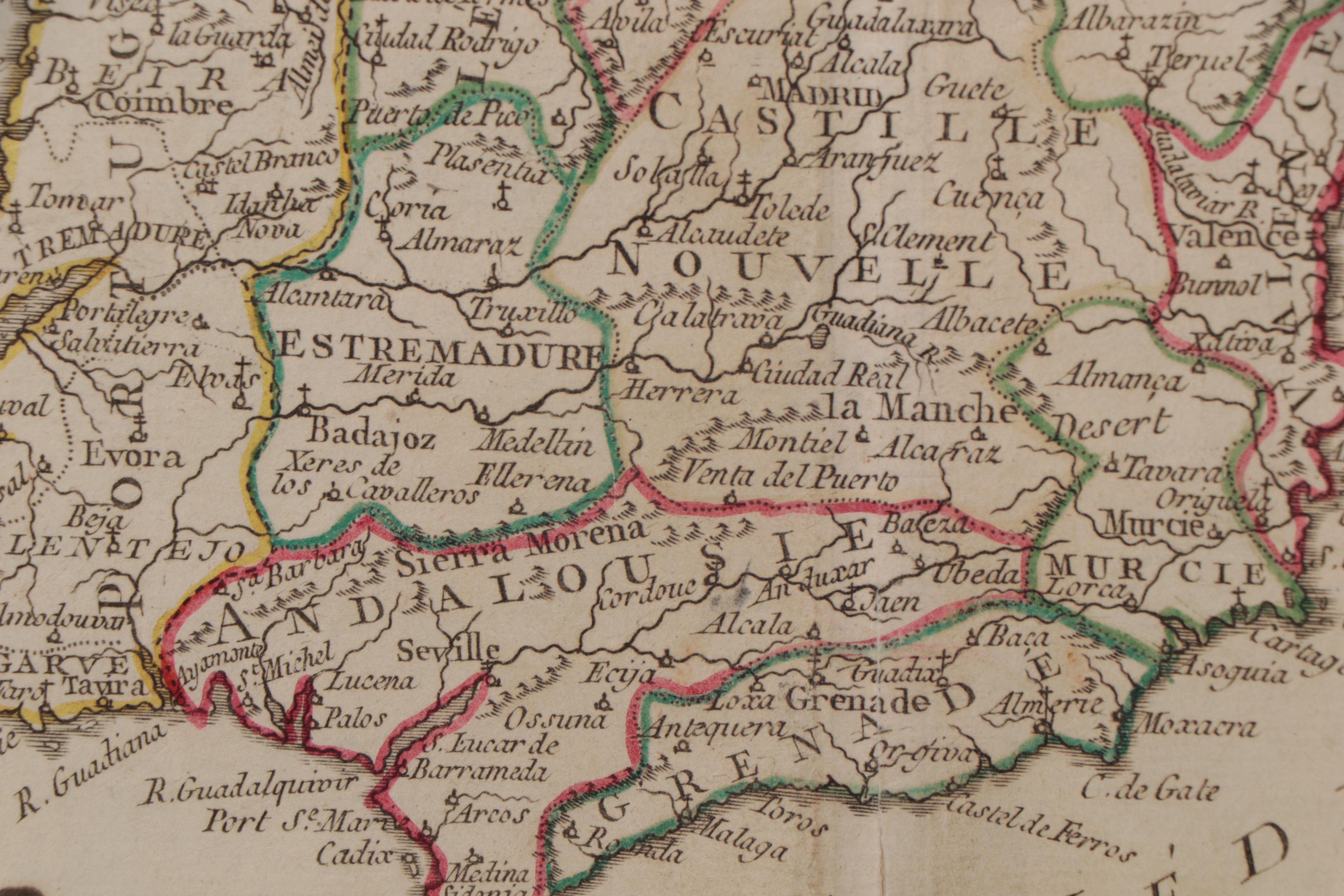 Joseph de la Porte HandColored Map of Spain and Portugal, Circa 1780