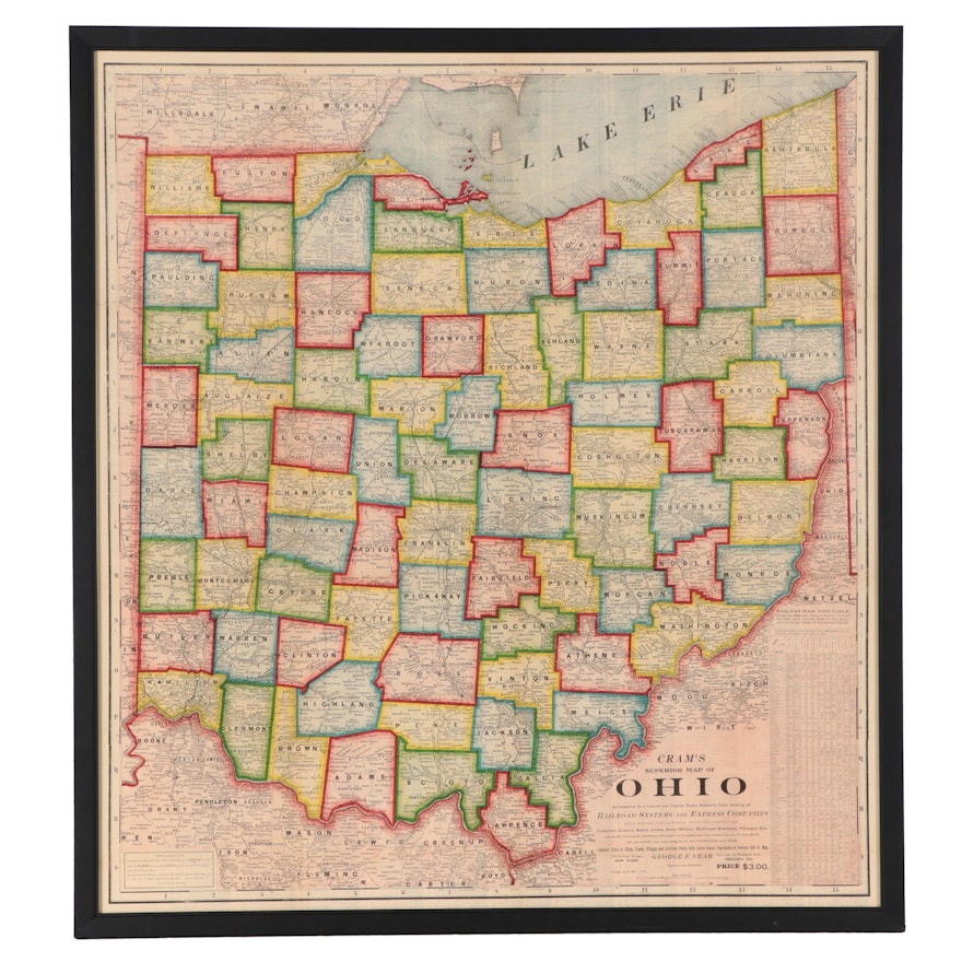 George F. Cram Color Wood Engraving "Superior Map of Ohio," 1905