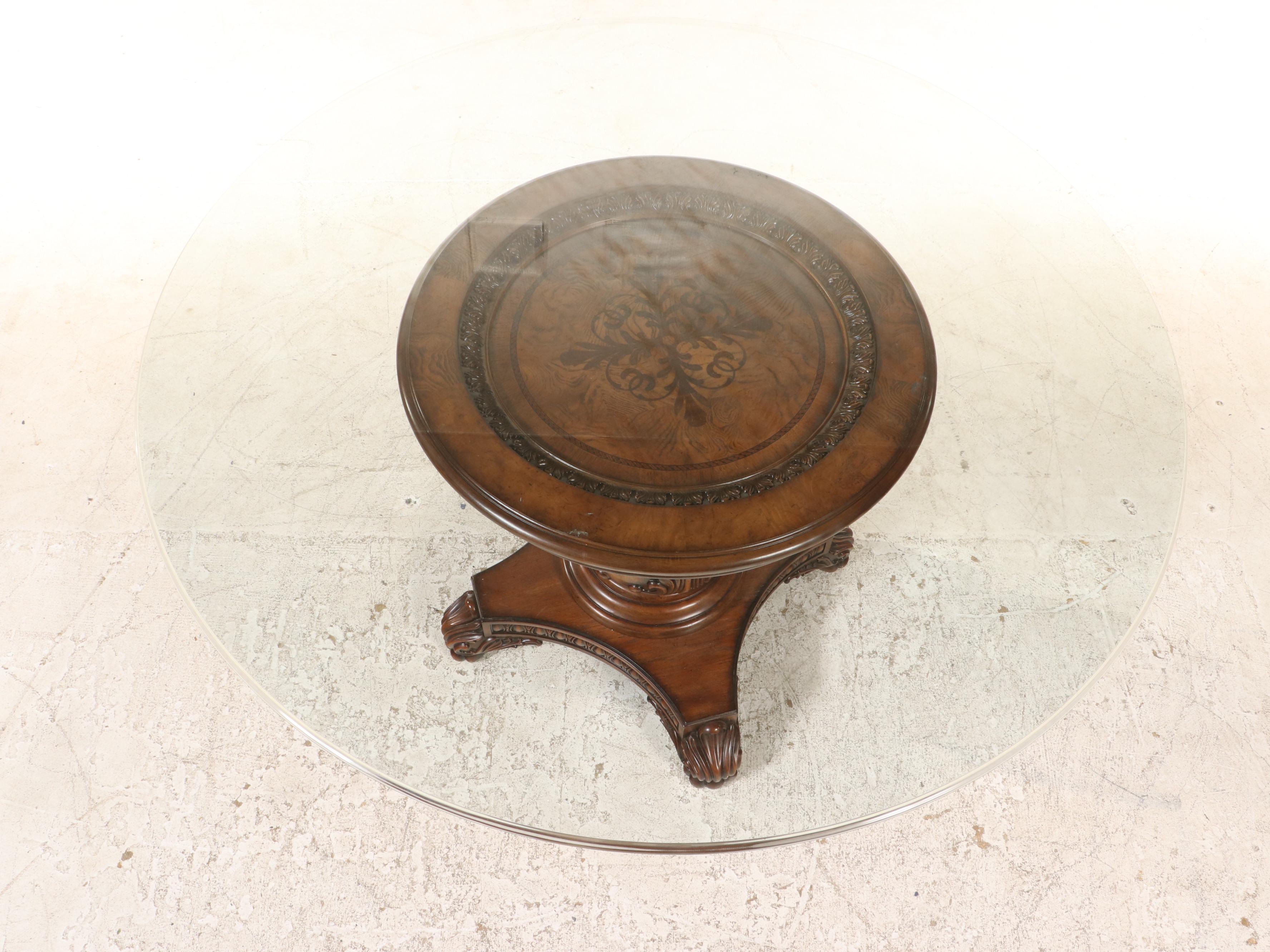 Havertys "Villa Clare" Baroque Style Pedestal Dining Table with Glass