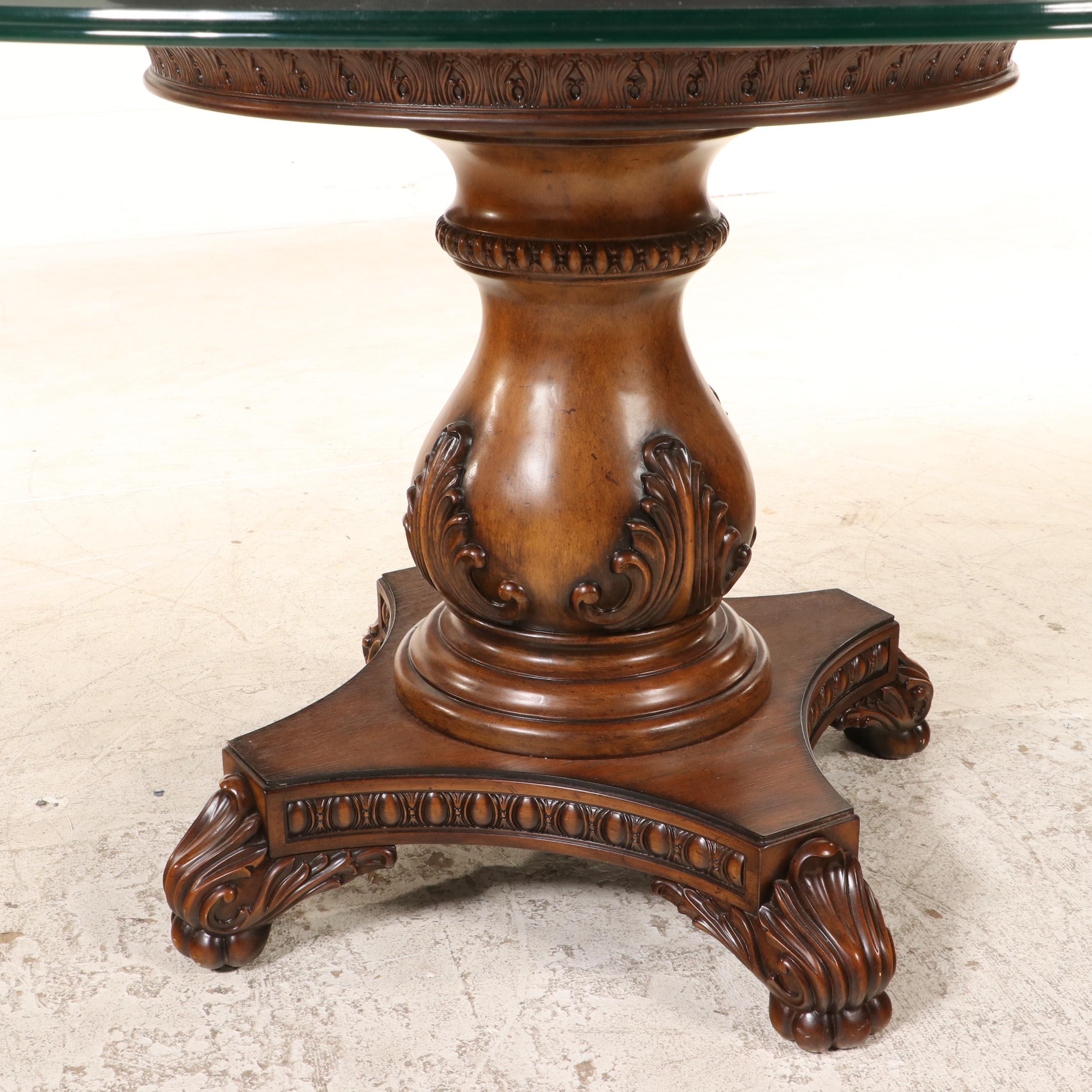 Havertys "Villa Clare" Baroque Style Pedestal Dining Table with Glass