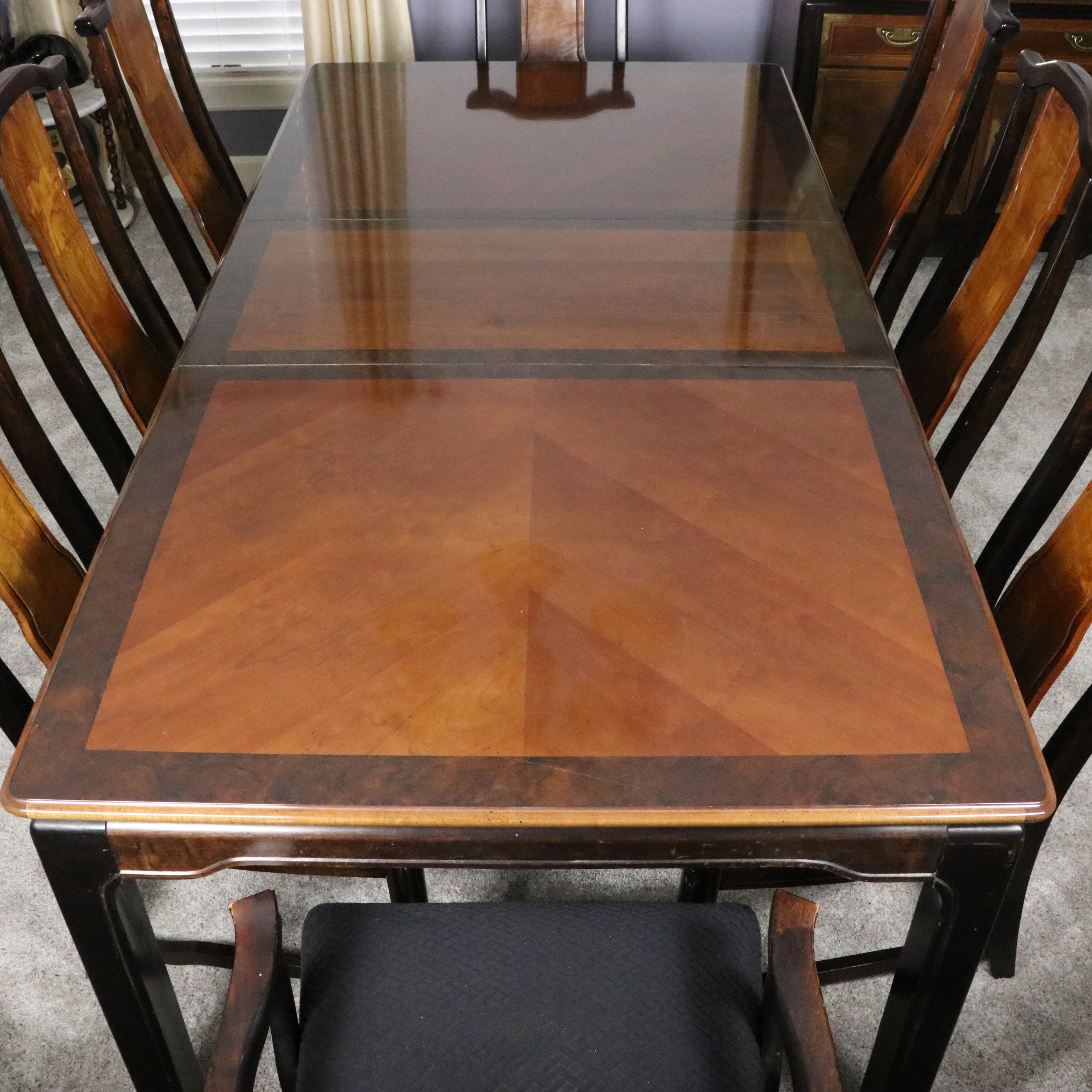Broyhill Premier Collection "Ming Dynasty" NinePiece Burl Wood Dining