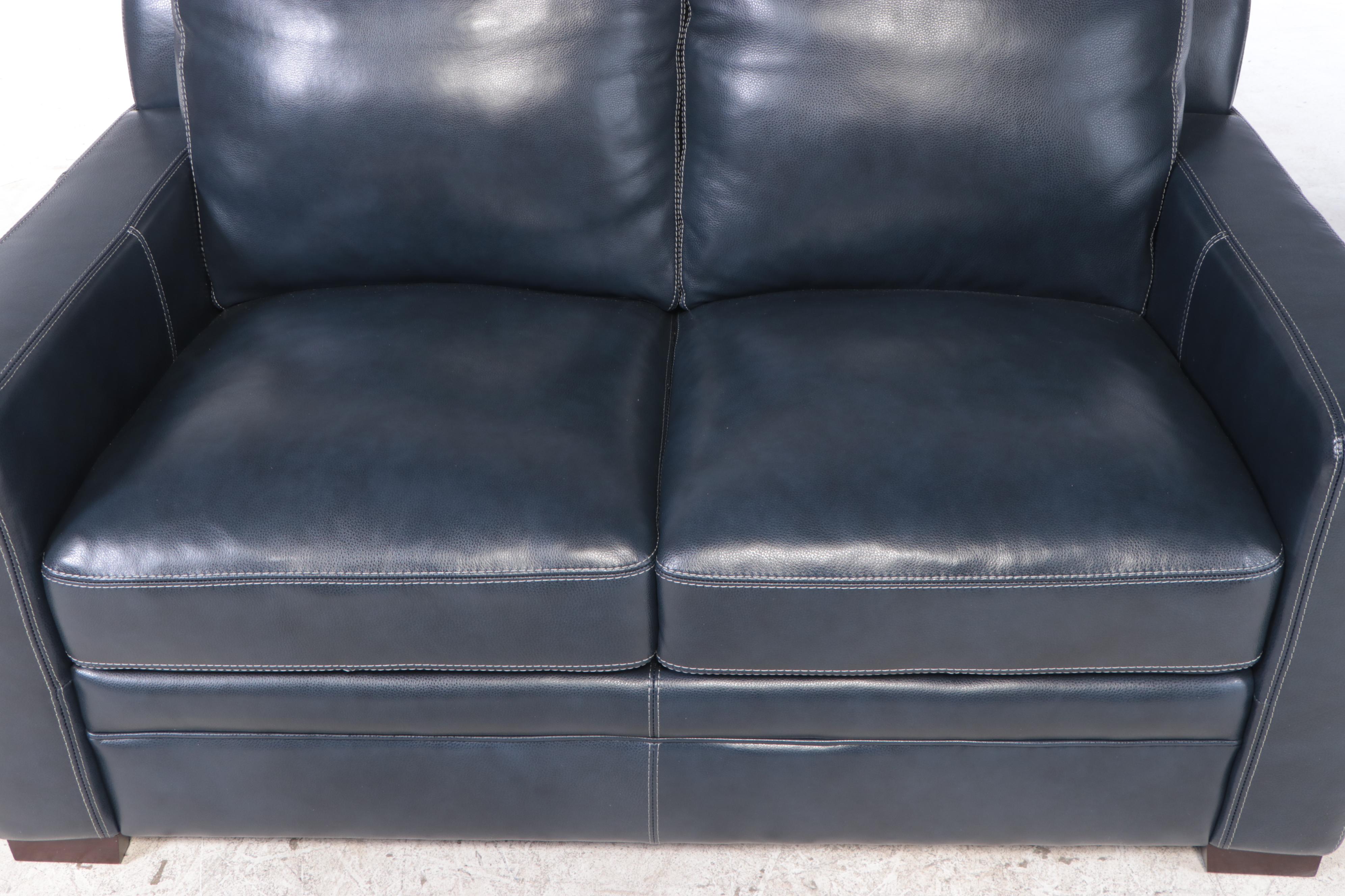 Trayton Furniture Co. Dark Blue Leather TrackArm Loveseat EBTH