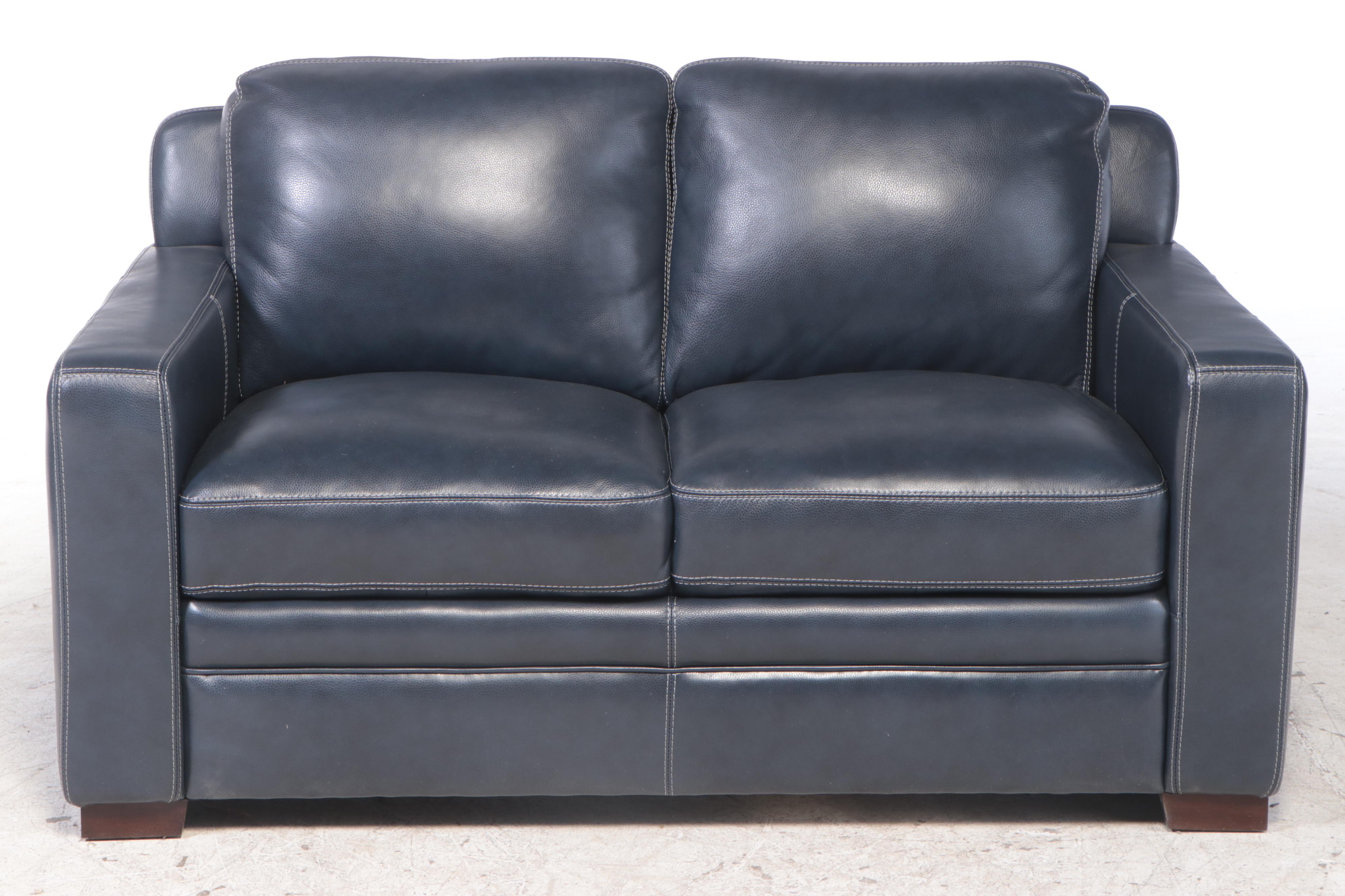 Trayton Furniture Co. Dark Blue Leather TrackArm Loveseat EBTH
