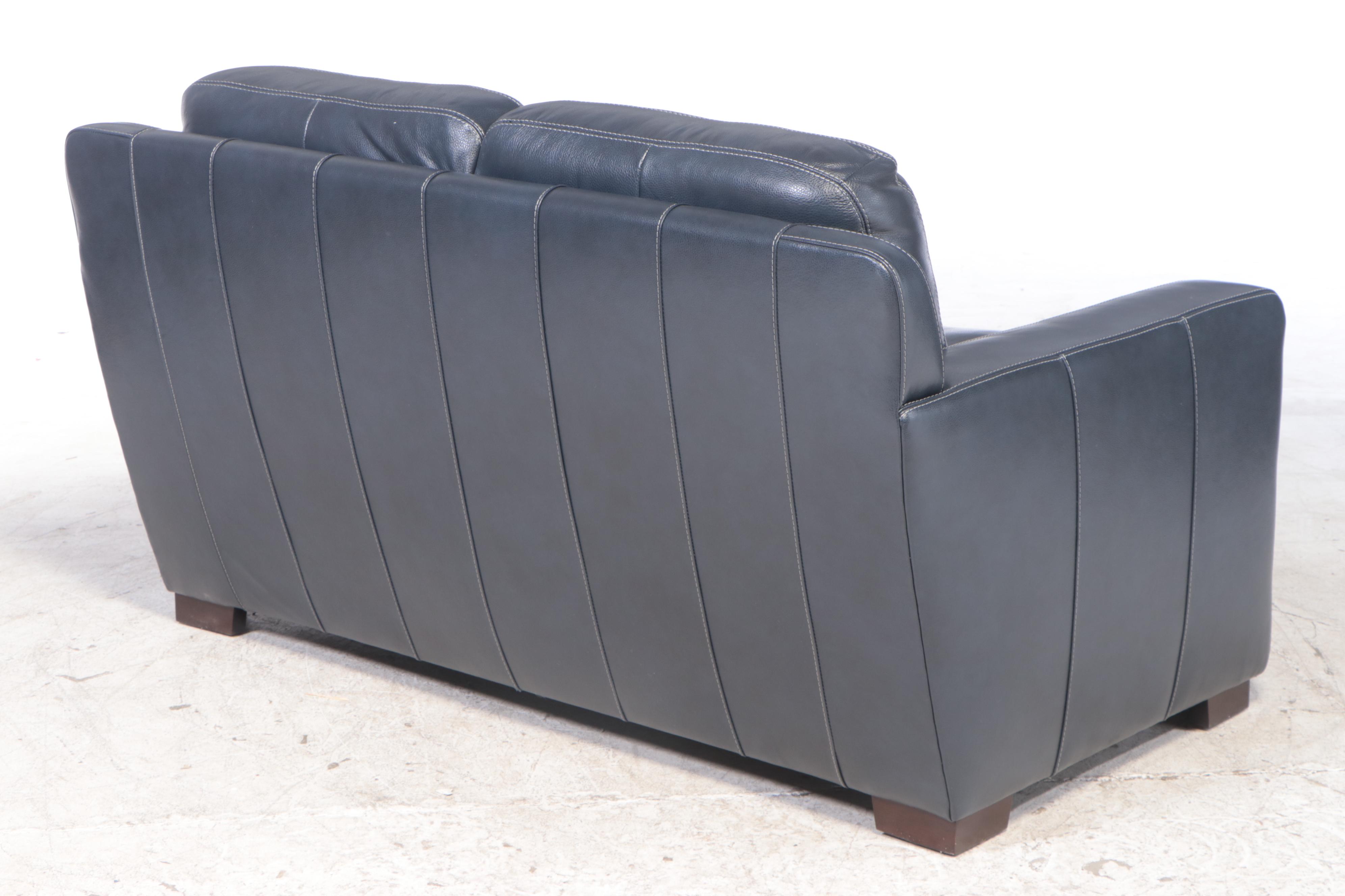 Trayton Furniture Co. Dark Blue Leather TrackArm Loveseat EBTH