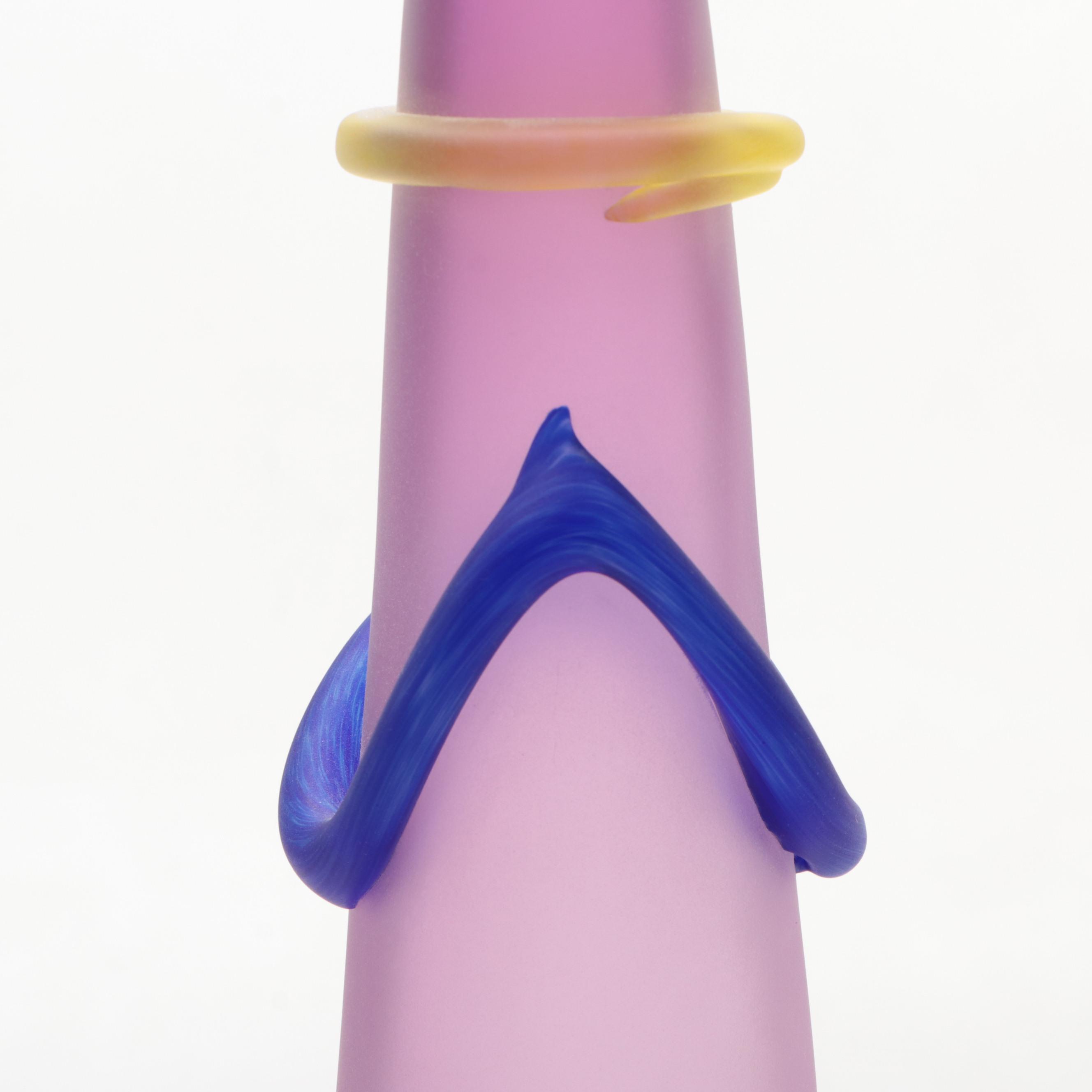 Studio Paran Pink Satin Art Glass Cone Vase with Applied Blue and