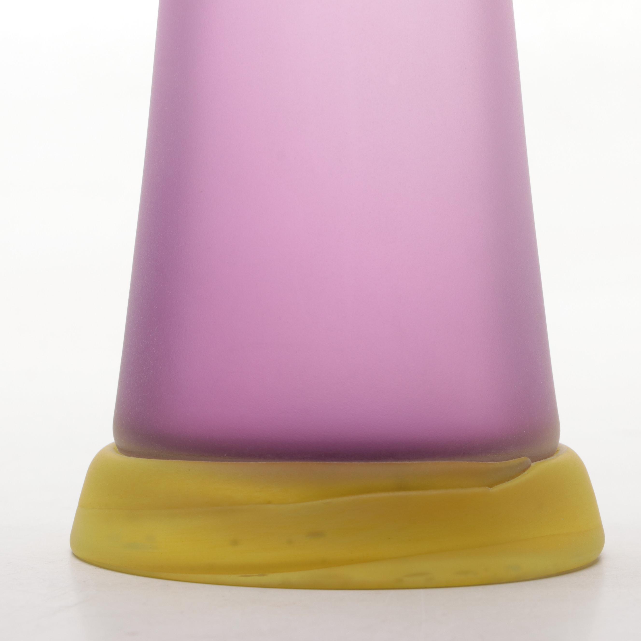 Studio Paran Pink Satin Art Glass Cone Vase with Applied Blue and