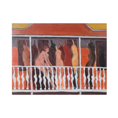 Robert Domin Acrylic Painting of Figures on Porch, Circa 1980