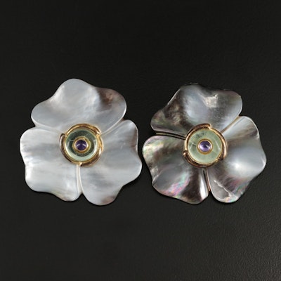 Kai-Yin Lo Sterling Flower Brooches with Mother of Pearl and Amethyst