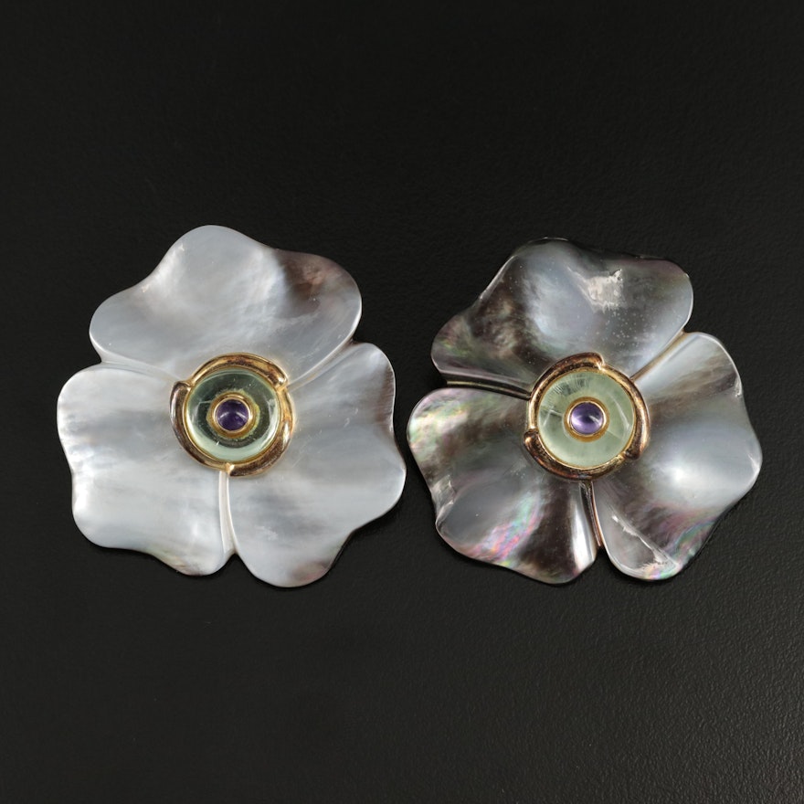 Kai-Yin Lo Sterling Flower Brooches with Mother of Pearl and Amethyst