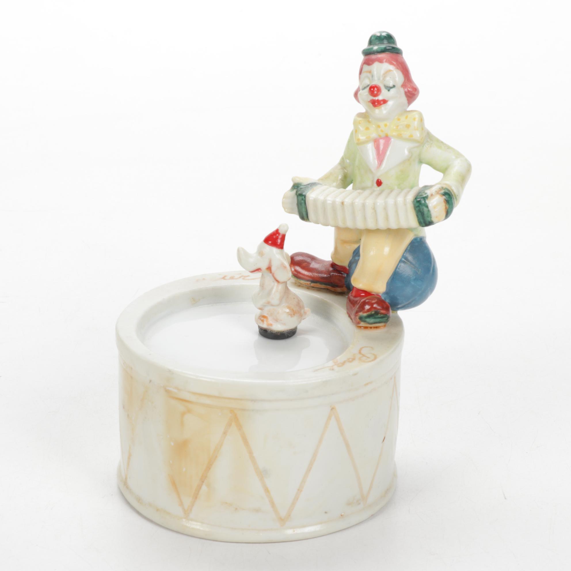 Narco Porcelain Clown Music Box with Twirling Dog, Late 20th Century EBTH