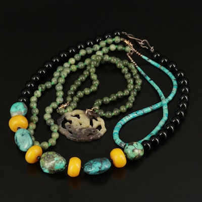 Gemstone Necklaces Including Turquoise, Calcite, Nephrite and Sterling