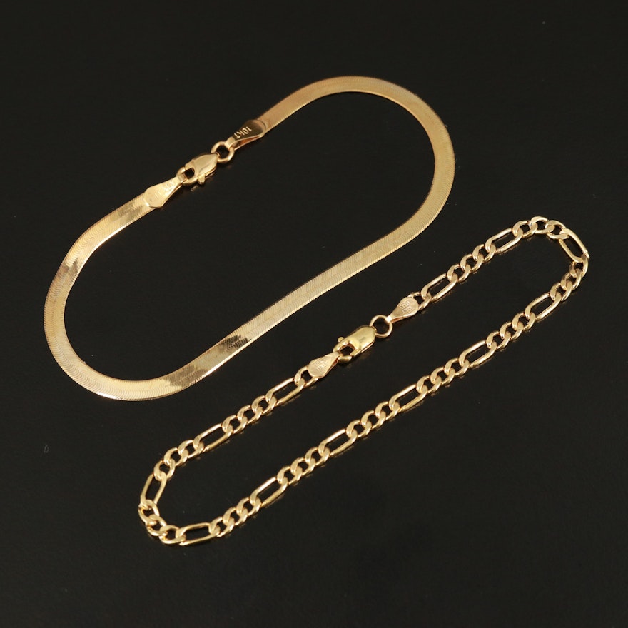 Italian 10K Herringbone and Figaro Chain Bracelets
