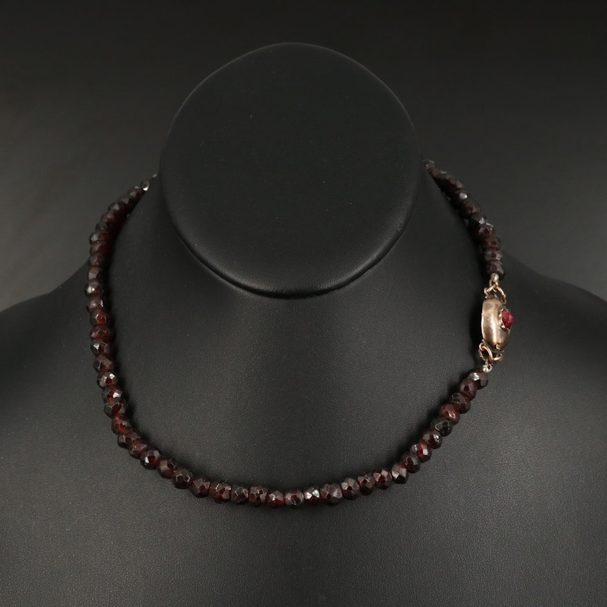 Vintage Faceted Garnet Bead Necklace with 14K Clasp