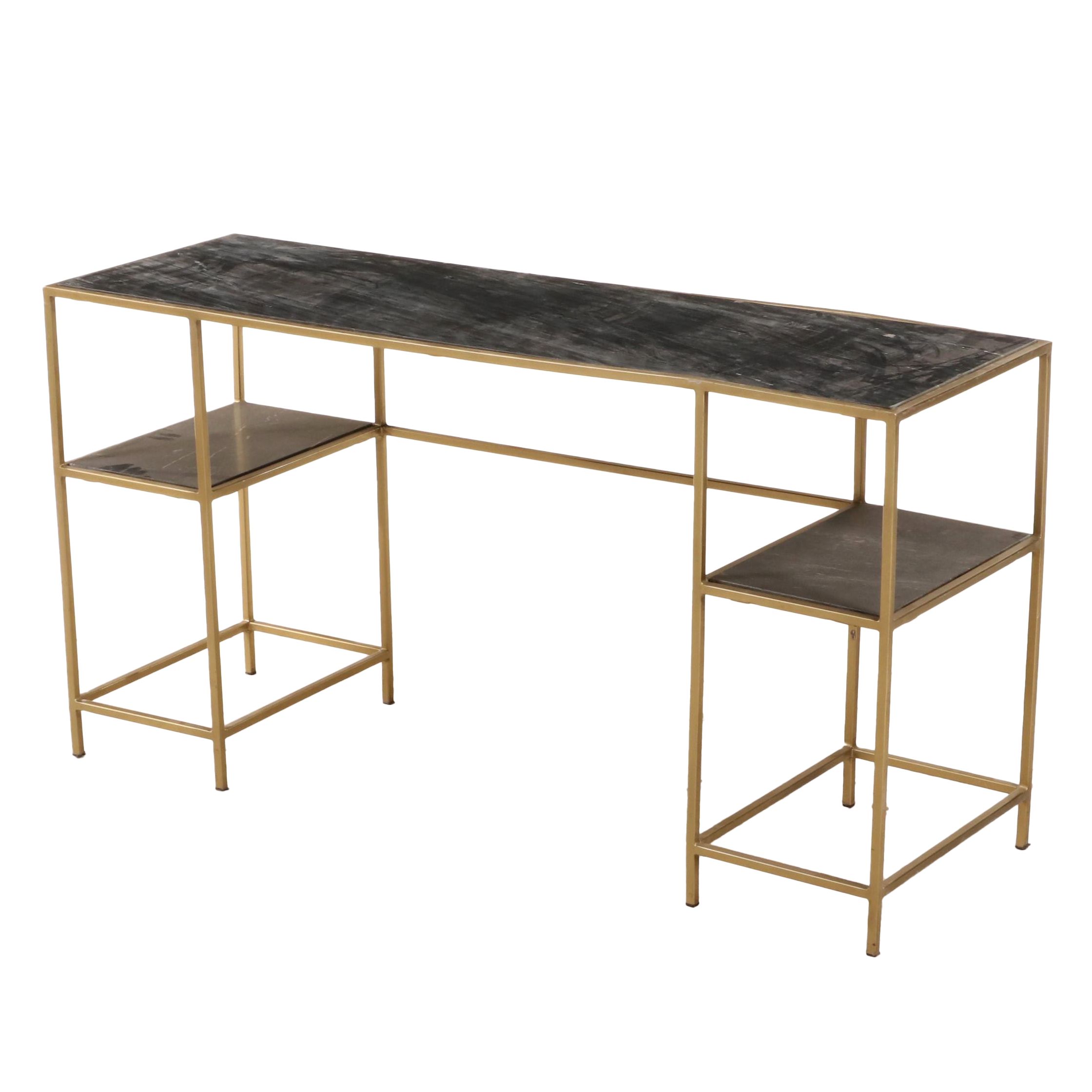 Modernist Style GoldPainted Metal and Black Marble Tiered Console