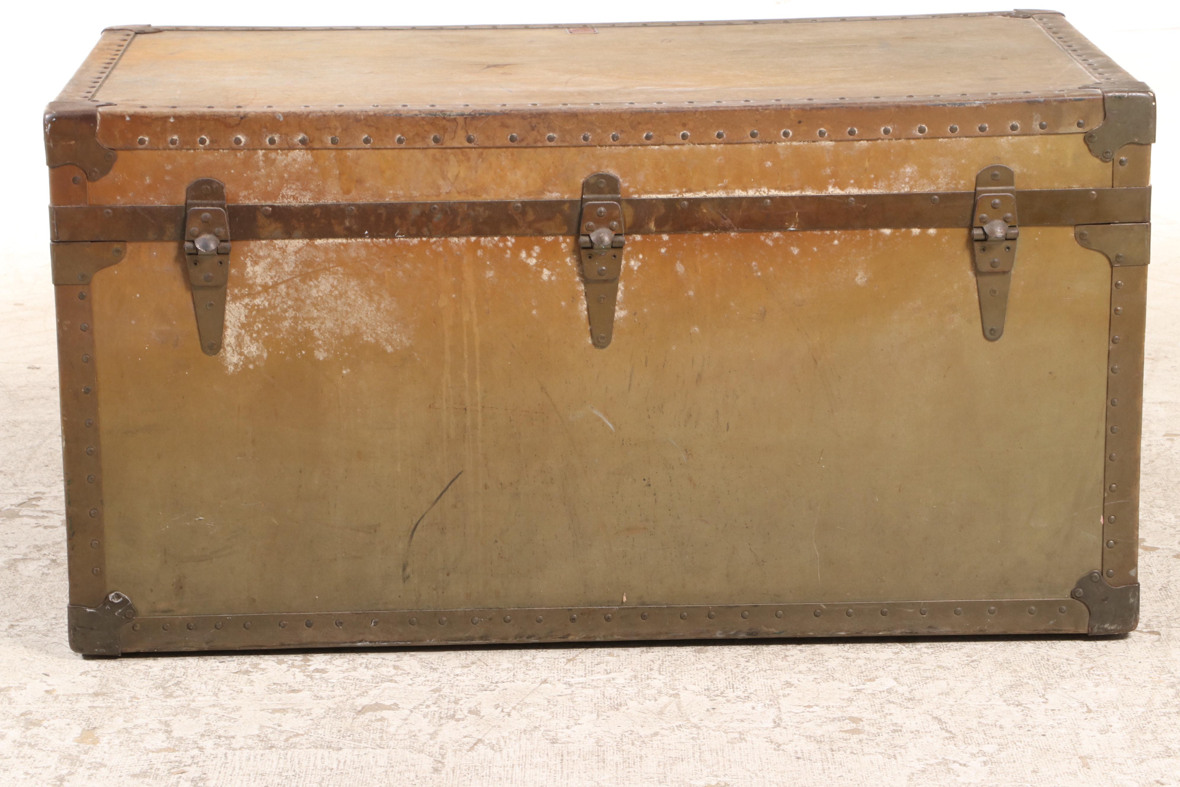 Wheary MetalMounted FlatTop Steamer Trunk, EarlytoMid 20th Century