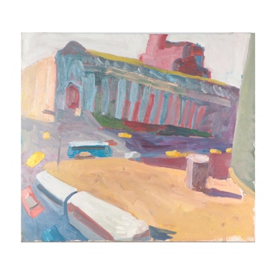 Richard Snyder Abstract Cityscape Oil Painting, Circa 1980