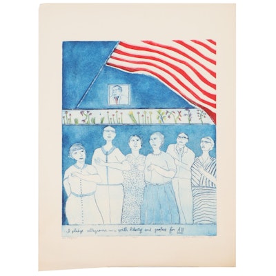 Sylvia T. Gavurin Hand-Colored Etching With Aquatint "New Citizens," 1974