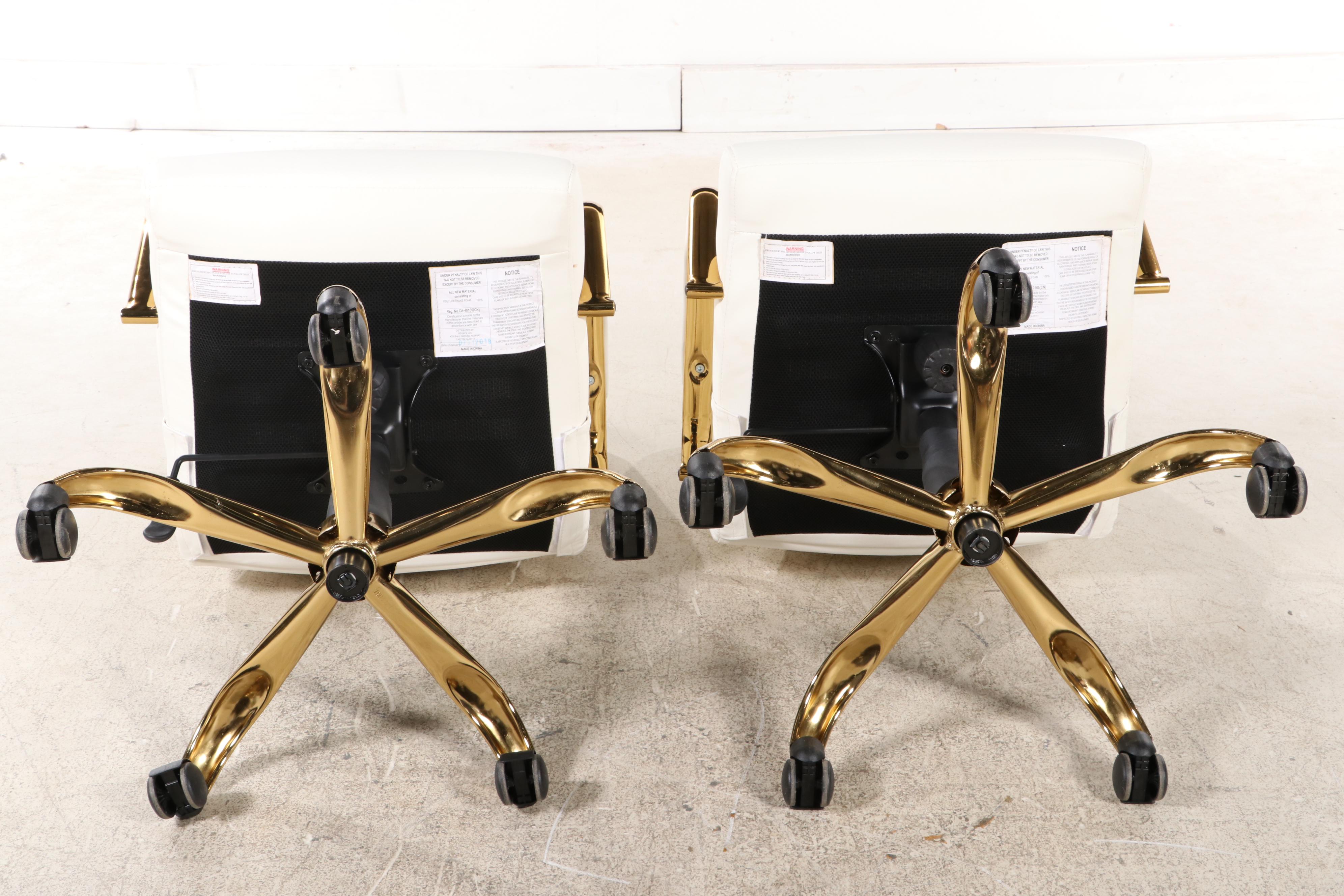 Pair of Belnick White FauxLeather and GoldTone Metal Adjustable Desk Chairs EBTH
