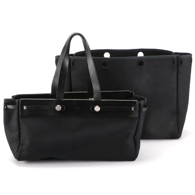 Hermes 40cm Black Canvas and Vache Calfskin Leather Herbag Cabas mm 2-in-1 Tote Bag