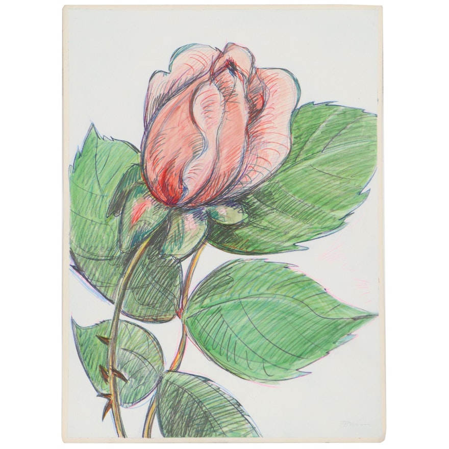Robert Domin Pastel Drawing of Rose, Circa 1980