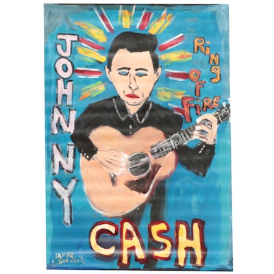 Lamar Sorrento Outsider Art Acrylic Painting of Johnny Cash, 21st Century