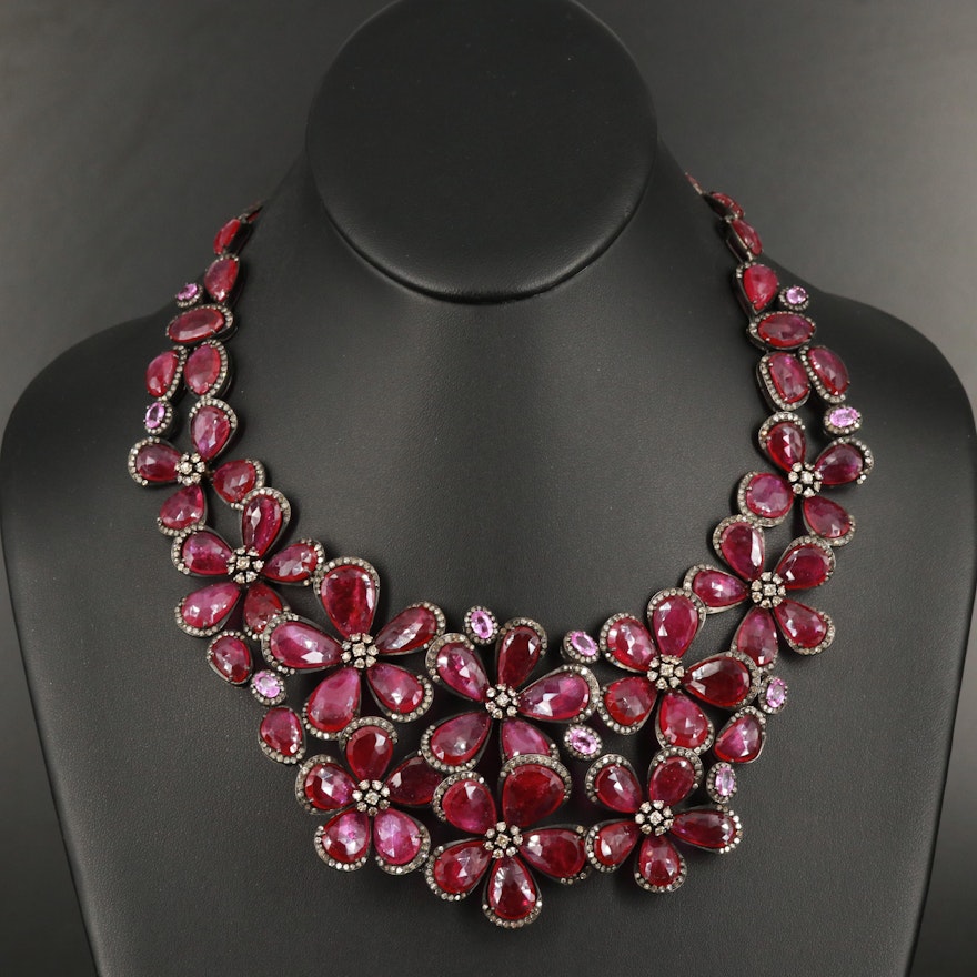 Sterling Corundum, Pink Sapphire and Diamond Floral Bib Necklace