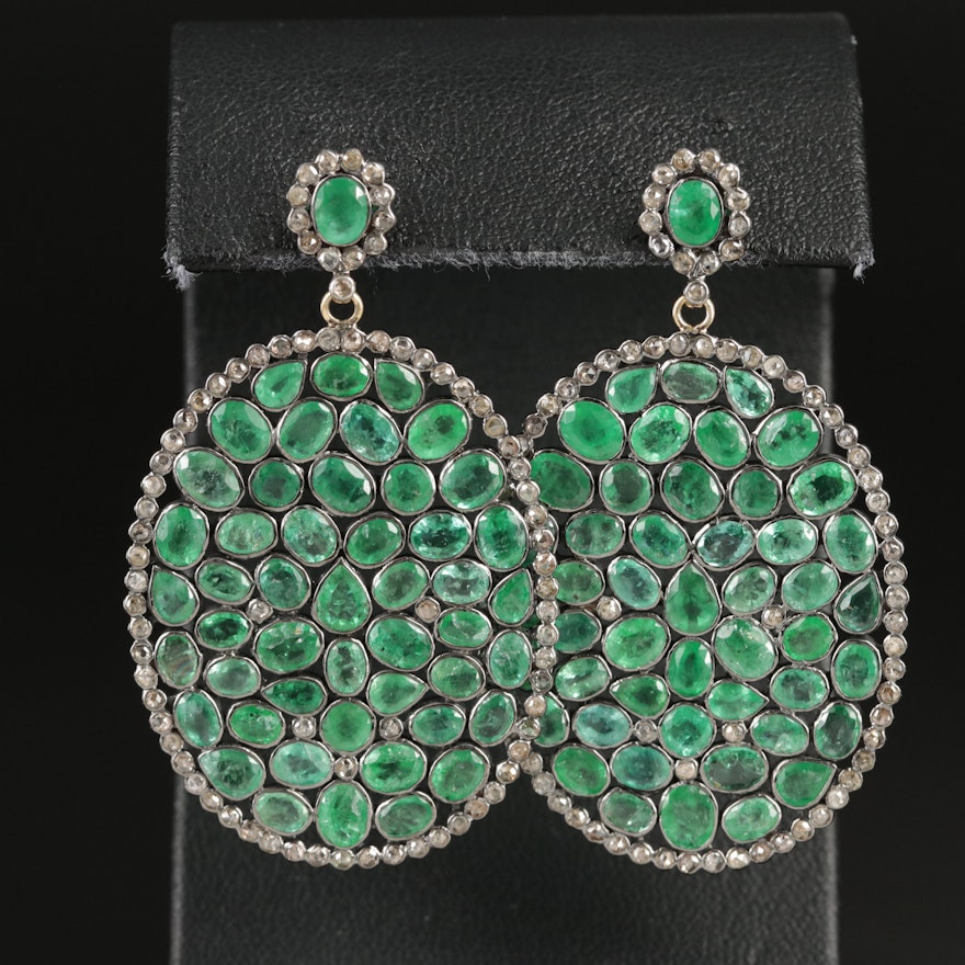 Sterling Emerald and Diamond Cluster Earrings with 18K Accents