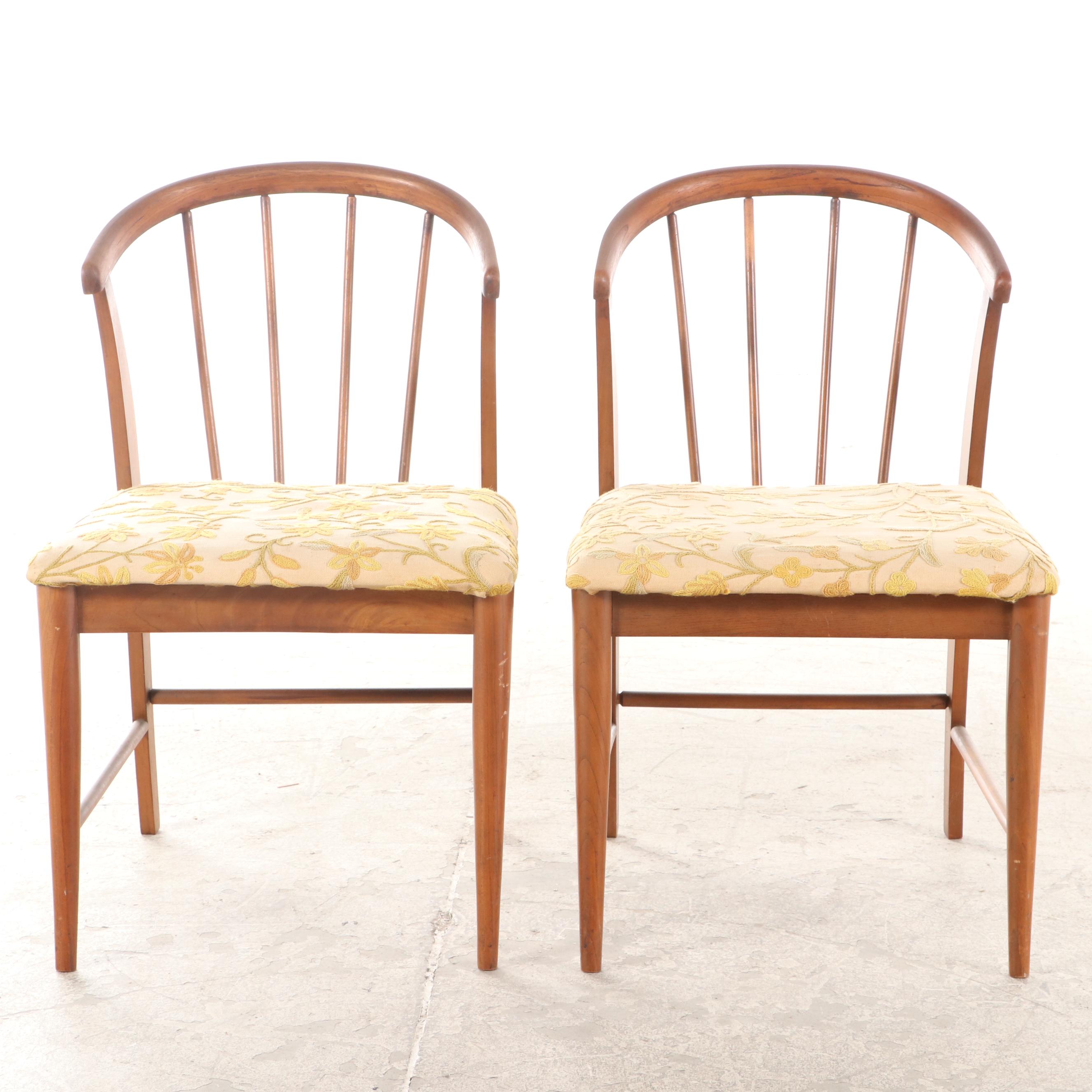 Pair of Mid Century Modern Walnut SpindleBack Chairs with Embroidered