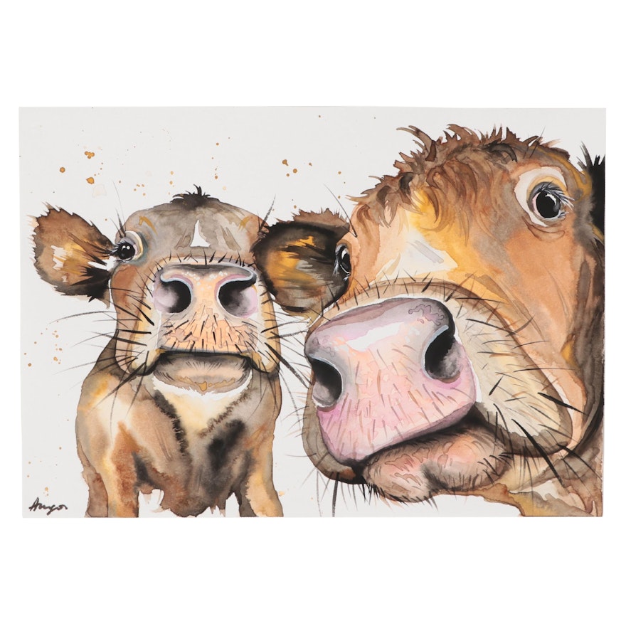 Anne Gorywine Watercolor Painting of Cows, 2019