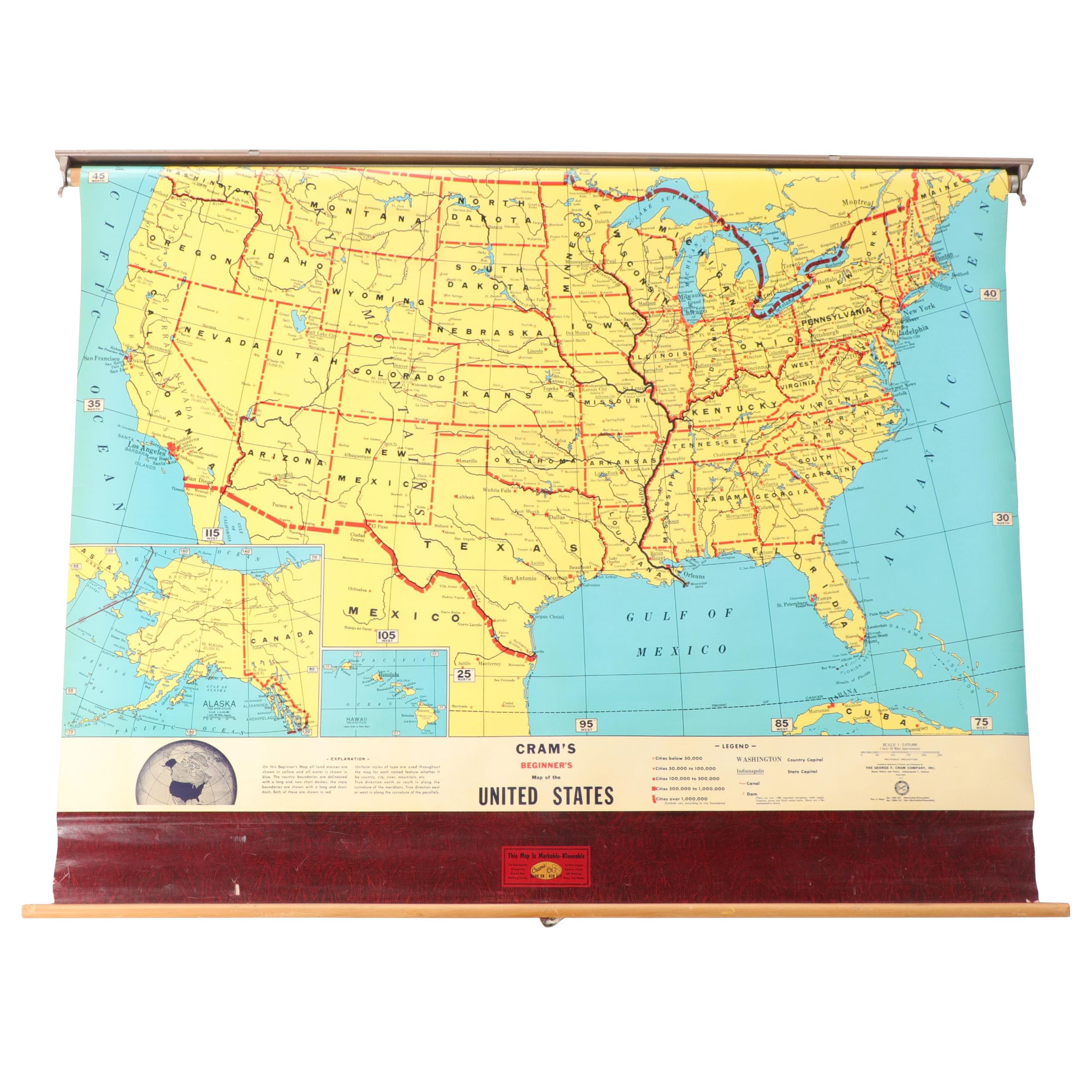 "Cram's Beginners Map of the United States" Wall Mount Classroom Map EBTH