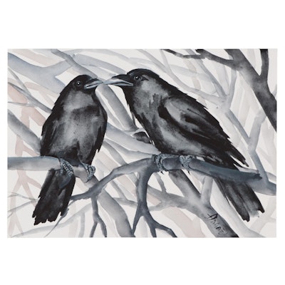 Anne Gorywine Watercolor Painting of Ravens