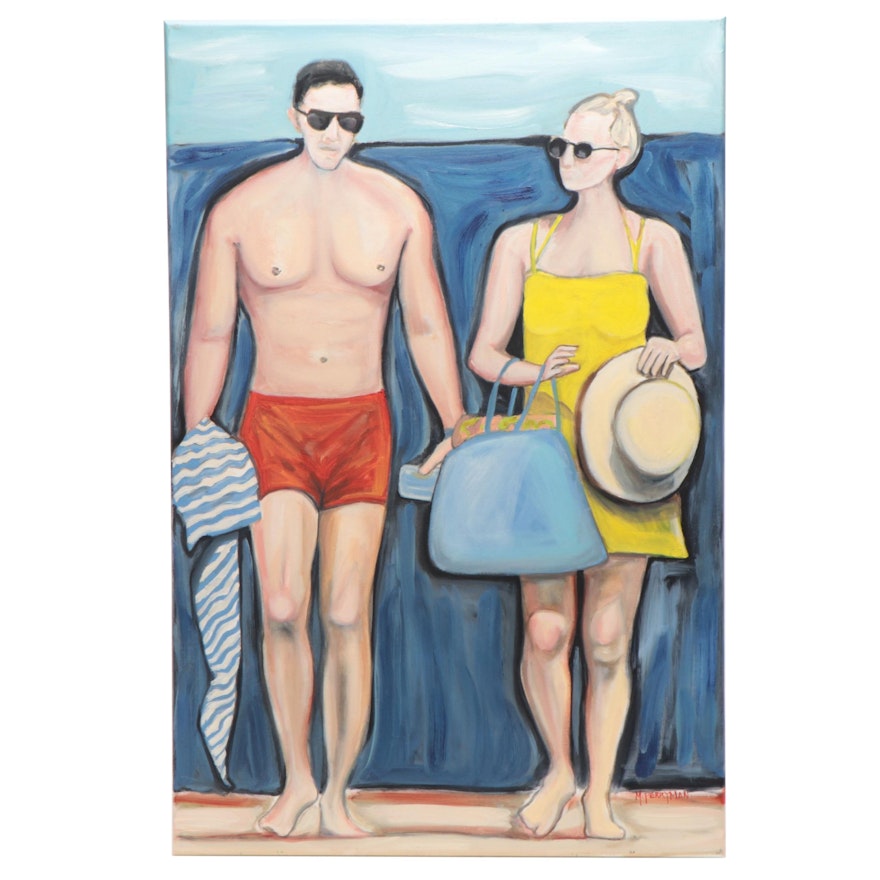 Marcella Francis Perryman Oil Painting of Beach Couple, 21st Century