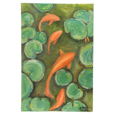 Marcella Francis Perryman Oil Painting of Fish in Lily Pond, 21st Century