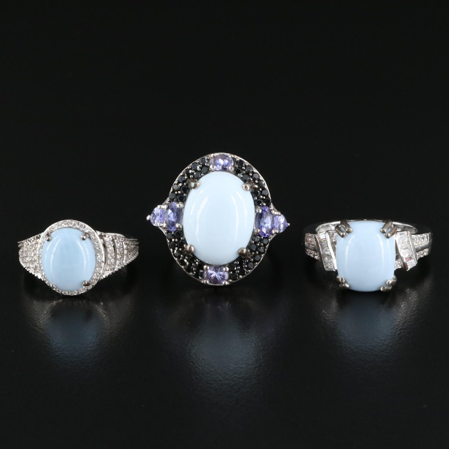 Sterling Silver Rings Featured with Common Opal, Tanzanite and Spinel