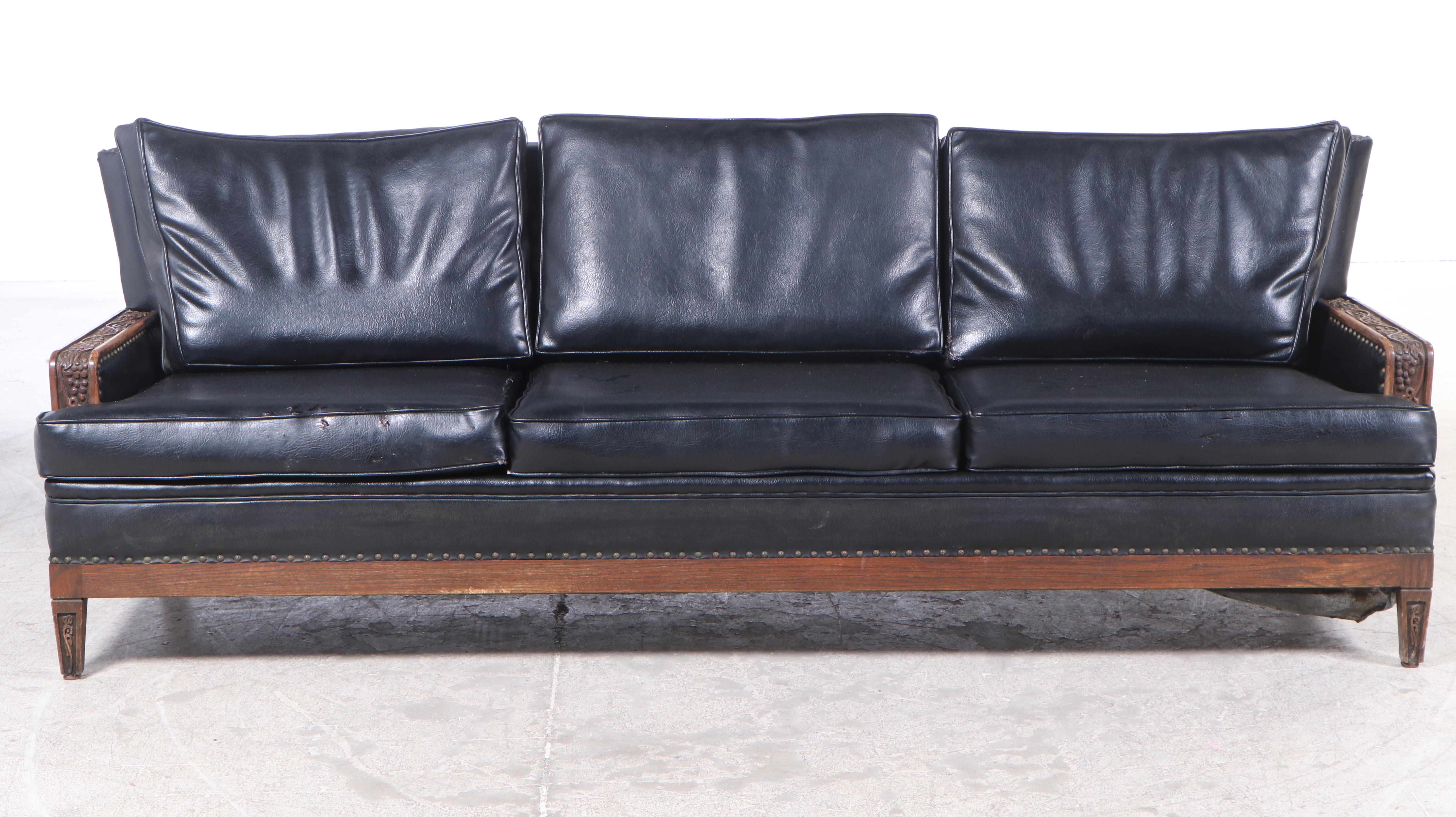 Romweber "Viking Oak" Carved Sofa with Vinyl Upholstery, Mid20th