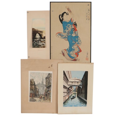 Japanese Woodblock and Landscape Watercolor Paintings