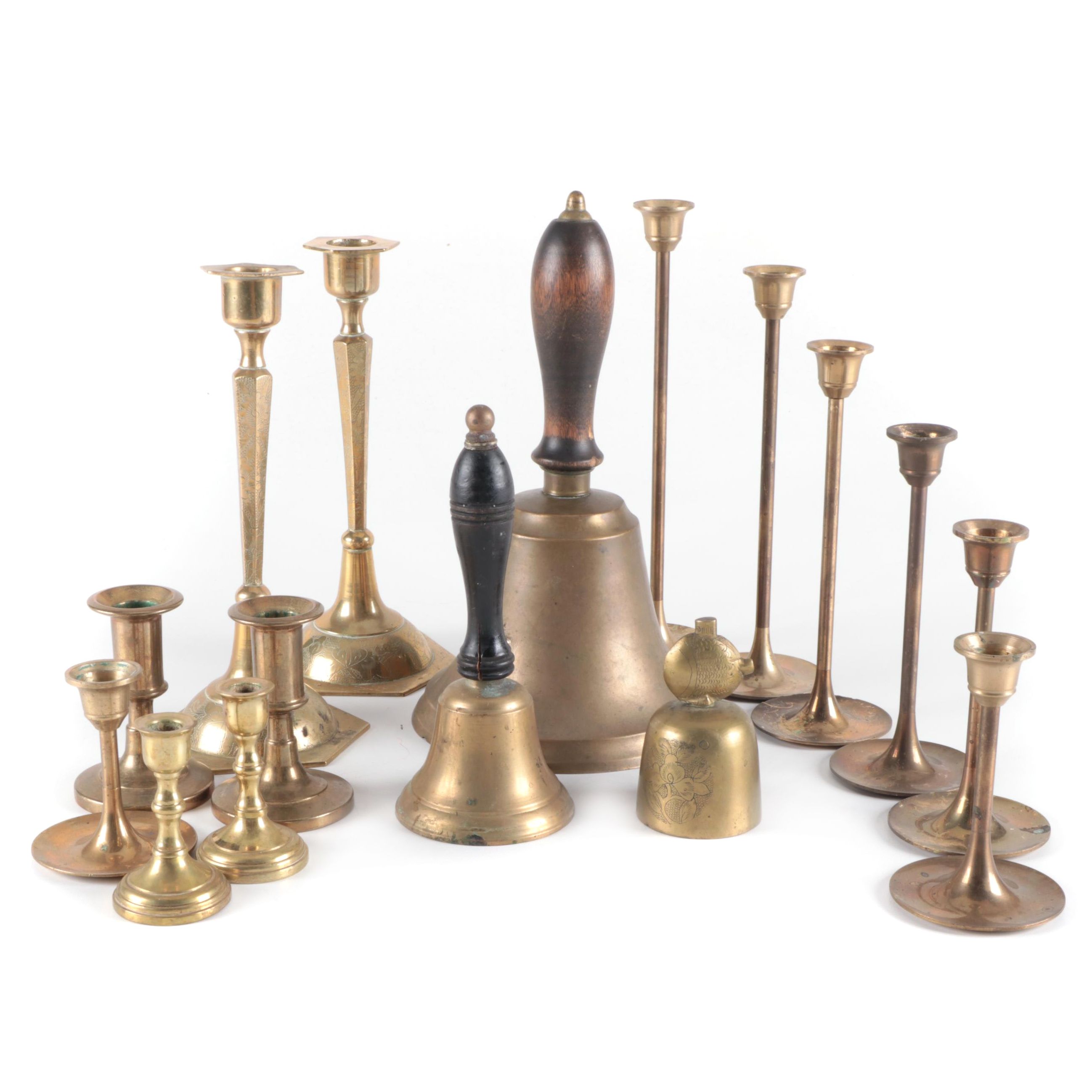 Brass Candlesticks and School or Dinner Bells EBTH