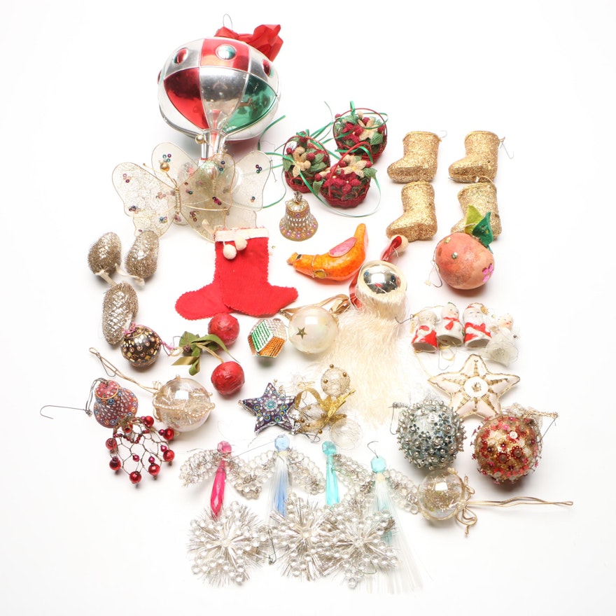Papier-Mâché, Glass, and Other Christmas Ornaments, Mid to Late 20th Century