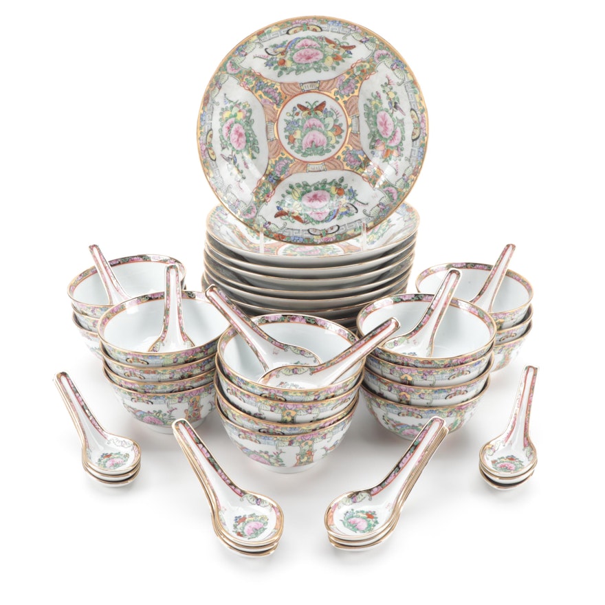 Chinese Rose Canton Porcelain Rice Bowls, Soup Bowls, and Spoons