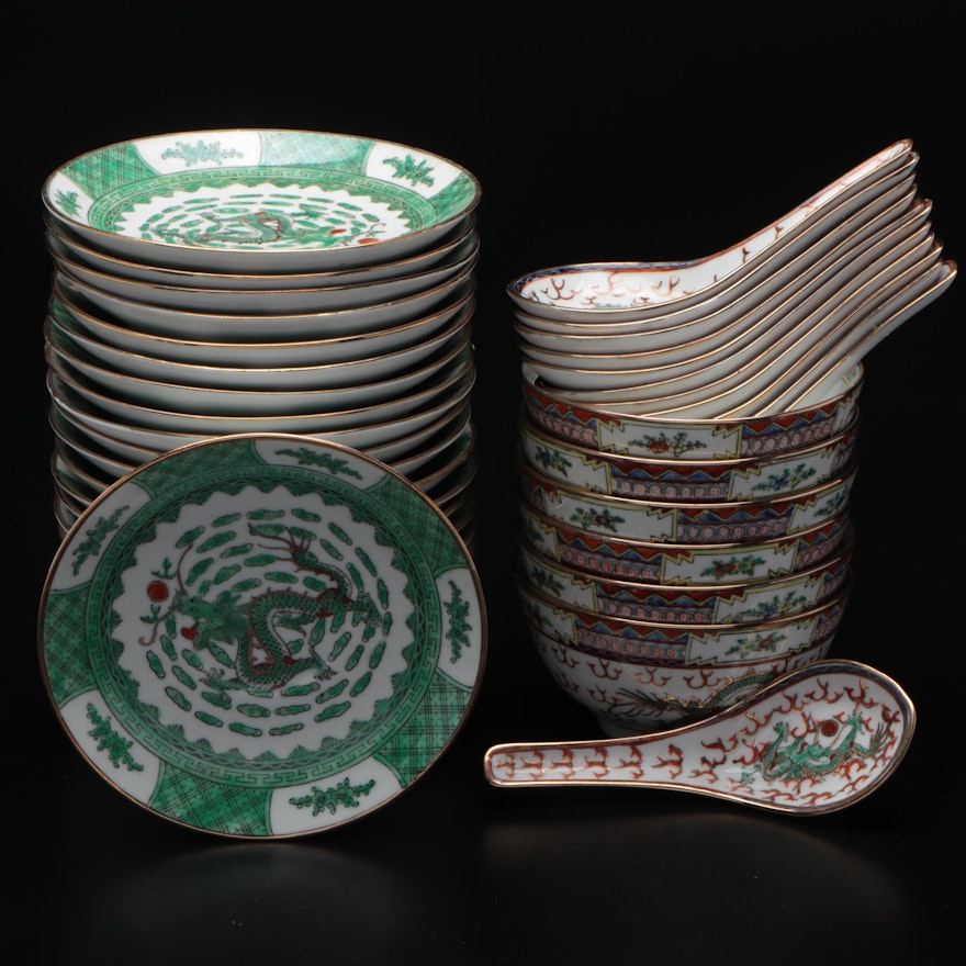 Chinese Famille Verte Porcelain Saucers with Dragon Motif Bowls and Spoons