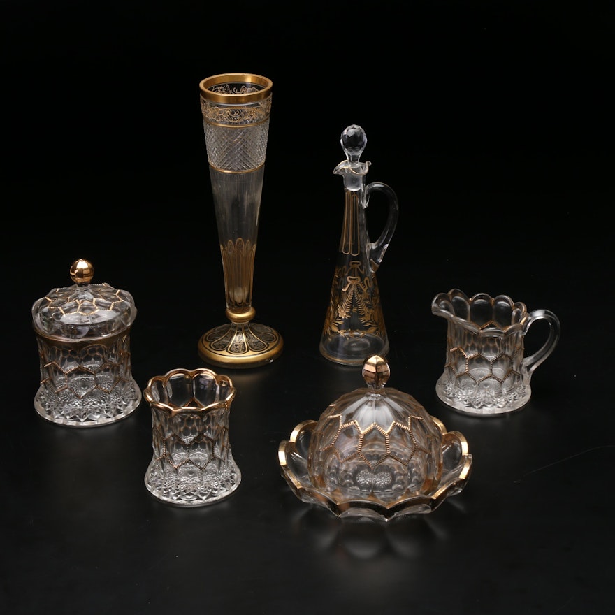 EAPG Stiemer "Diamond" Tableware and Bohemian Gilt Enameled Vase and Cruet