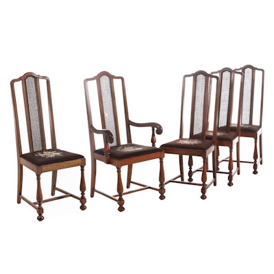 Five Jacobean Revival Walnut Dining Chairs with Needlepoint-Upholstered Seats