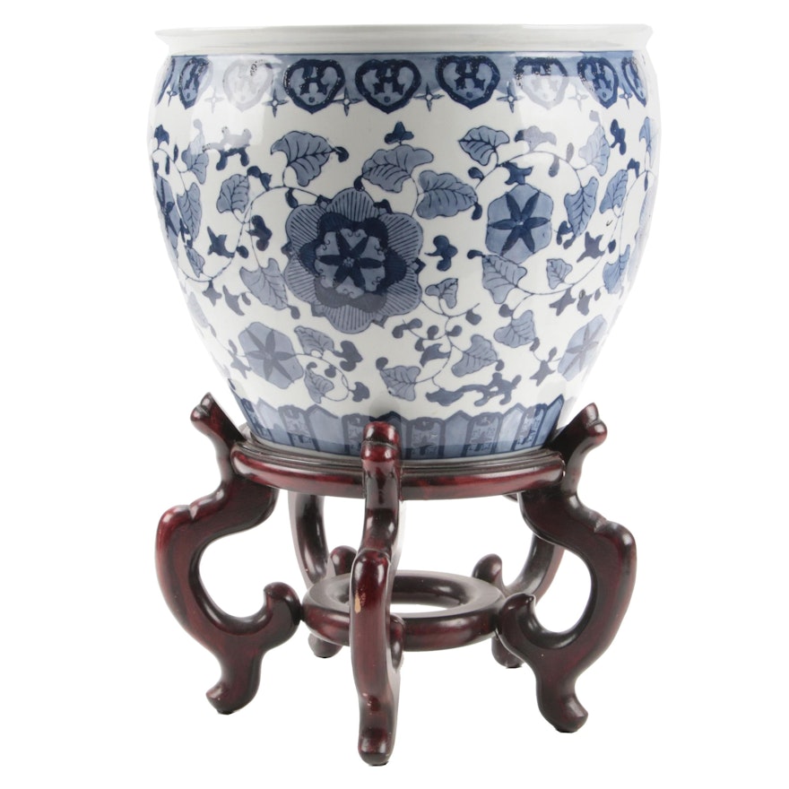 Chinese Blue and White Porcelain Planter and Wood Stand